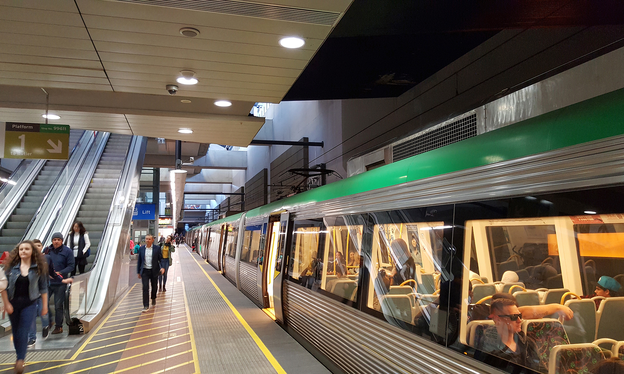 Transperth train waiting at a station in Perth, Western Australia