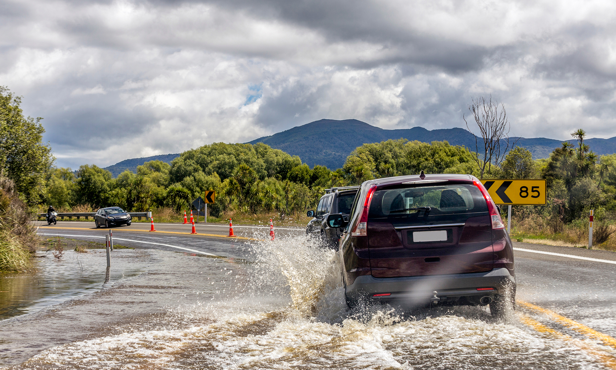 Flooding inundates the highway in central North Island, New Zealand.